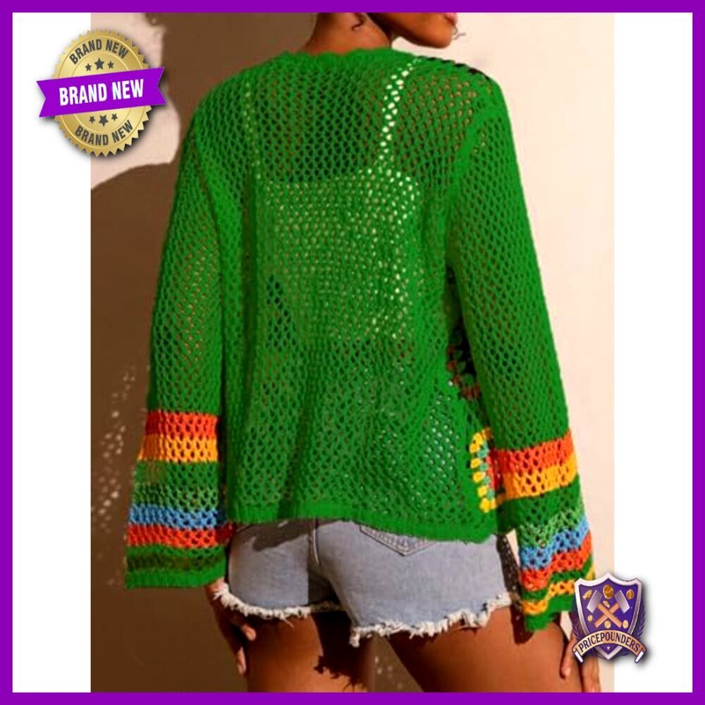 Crochet Cardigan Boho Hollow Out Sweater Open Front Long Sleeves - Picture 3 of 7
